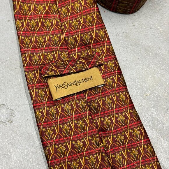 Yves Saint Laurent Tie 100% Silk Satin Made in Italy Geometric Bronze 4" - Picture 4 of 6